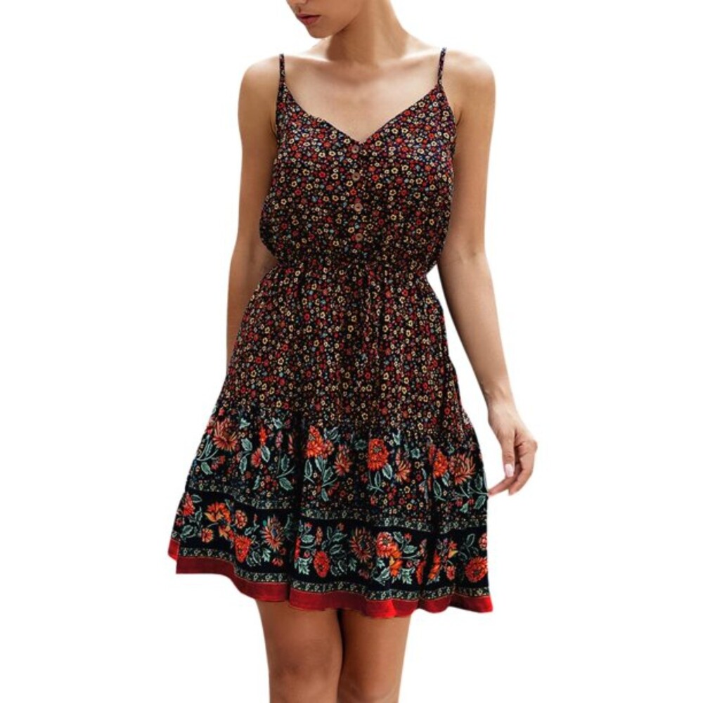 PrettyGarden Floral Spaghetti Strap Button Waistband Short Dress Wine Sz L